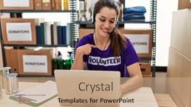  Presentation with call center - Presentation theme consisting of young-brunette-woman-wearing-volunteer background and a coral colored foreground