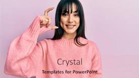  Presentation with fingers - Amazing PPT theme having young-brunette-woman-with-bangs backdrop and a coral colored foreground