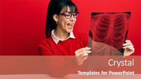  Presentation with chest - Slide set featuring young-brunette-woman-with-bangs background and a coral colored foreground