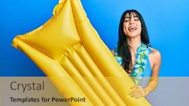  Presentation with mattress - Slide set featuring young-brunette-woman-with-bangs background and a yellow colored foreground