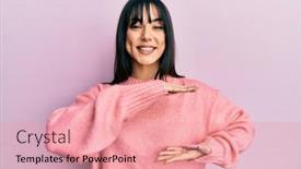  Presentation with symbol - Theme having young-brunette-woman-with-bangs background and a coral colored foreground