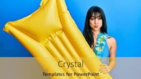 Presentation with mattress - Cool new PPT theme with young-brunette-woman-with-bangs backdrop and a yellow colored foreground