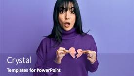  Presentation with broken heart - PPT layouts having young-brunette-woman-with-bangs background and a violet colored foreground