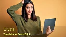  Presentation with blue eyes - Cool new presentation theme with young-brunette-woman-with-blue backdrop and a tawny brown colored foreground