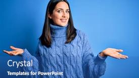  Presentation with woman hands open - Amazing slide deck having young-brunette-woman-with-blue backdrop and a ocean colored foreground