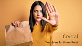  Presentation with blue eyes - Beautiful slide deck featuring young-brunette-woman-with-blue backdrop and a gold colored foreground