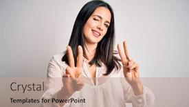  Presentation with blue eyes - Slide deck having young-brunette-woman-with-blue background and a coral colored foreground