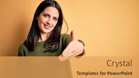  Presentation with blue handshake - Theme having young-brunette-woman-with-blue background and a yellow colored foreground