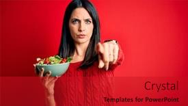  Presentation with blue eyes - Amazing slide deck having young-brunette-woman-with-blue backdrop and a crimson colored foreground