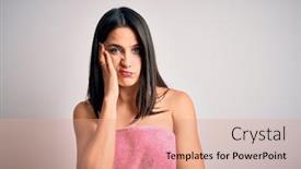  Presentation with blue eyes - Colorful PPT theme enhanced with young-brunette-woman-with-blue backdrop and a coral colored foreground