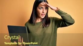  Presentation with blue eyes - Audience pleasing slide deck consisting of young-brunette-woman-with-blue backdrop and a tawny brown colored foreground