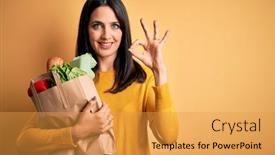  Presentation with paper bag - Audience pleasing slide deck consisting of young-brunette-woman-with-blue backdrop and a yellow colored foreground