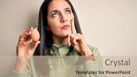  Presentation with blue eyes - Beautiful PPT layouts featuring young-brunette-woman-with-blue backdrop and a soft green colored foreground