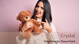  Presentation with blue eyes - Audience pleasing slide deck consisting of young-brunette-woman-with-blue backdrop and a coral colored foreground