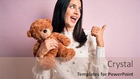  Presentation with blue eyes - Presentation design with young-brunette-woman-with-blue background and a coral colored foreground