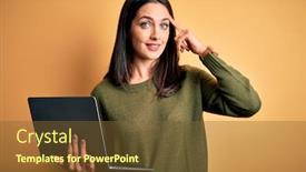  Presentation with memory computer - Amazing presentation theme having young-brunette-woman-with-blue backdrop and a tawny brown colored foreground