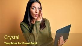  Presentation with blue eyes - Presentation design consisting of young-brunette-woman-with-blue background and a tawny brown colored foreground