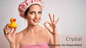  Presentation with blue eyes - Slide set with young-brunette-woman-with-blue background and a coral colored foreground