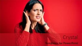  Presentation with deaf - PPT theme with young-brunette-woman-with-blue background and a crimson colored foreground