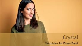  Presentation with blue eyes - Beautiful PPT layouts featuring young-brunette-woman-with-blue backdrop and a yellow colored foreground