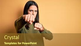  Presentation with violence woman - PPT theme having young-brunette-woman-with-blue background and a tawny brown colored foreground