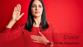  Presentation with blue eyes - PPT theme featuring young-brunette-woman-with-blue background and a crimson colored foreground