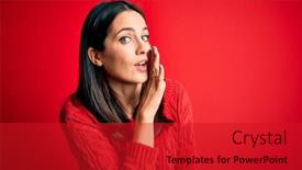 Presentation with blue eyes - Audience pleasing slide deck consisting of young-brunette-woman-with-blue backdrop and a crimson colored foreground