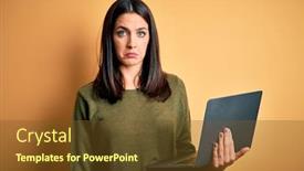  Presentation with blue eyes - Audience pleasing presentation design consisting of young-brunette-woman-with-blue backdrop and a tawny brown colored foreground