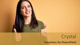  Presentation with blue eyes - Cool new PPT theme with young-brunette-woman-with-blue backdrop and a yellow colored foreground
