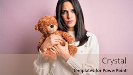  Presentation with blue pink - Slide deck having young-brunette-woman-with-blue background and a coral colored foreground