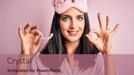  Presentation with blue eyes - PPT theme enhanced with young-brunette-woman-with-blue background and a coral colored foreground