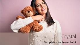  Presentation with blue pink - Audience pleasing presentation consisting of young-brunette-woman-with-blue backdrop and a soft green colored foreground