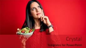  Presentation with blue eyes - Presentation design featuring young-brunette-woman-with-blue background and a crimson colored foreground