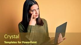  Presentation with blue yellow - PPT layouts enhanced with young-brunette-woman-with-blue background and a tawny brown colored foreground