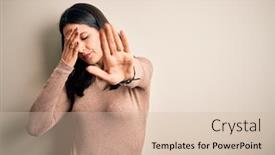  Presentation with woman sad - PPT layouts enhanced with young-brunette-woman-with-blue background and a soft green colored foreground