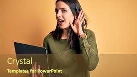  Presentation with blue eyes - Audience pleasing slides consisting of young-brunette-woman-with-blue backdrop and a tawny brown colored foreground