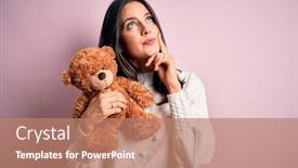  Presentation with blue eyes - PPT theme having young-brunette-woman-with-blue background and a coral colored foreground