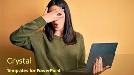  Presentation with blue eyes - Theme featuring young-brunette-woman-with-blue background and a tawny brown colored foreground