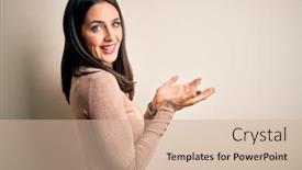  Presentation with woman hands open - PPT layouts featuring young-brunette-woman-with-blue background and a soft green colored foreground