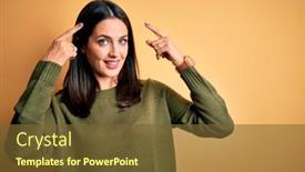  Presentation with thought - Cool new PPT theme with young-brunette-woman-with-blue backdrop and a tawny brown colored foreground