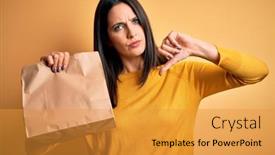  Presentation with food delivery - Slide set featuring young-brunette-woman-with-blue background and a gold colored foreground