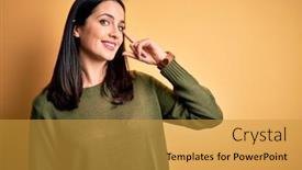  Presentation with thought - Colorful slide deck enhanced with young-brunette-woman-with-blue backdrop and a gold colored foreground