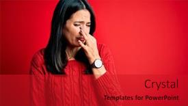 Presentation with bad breath - Beautiful PPT layouts featuring young-brunette-woman-with-blue backdrop and a crimson colored foreground