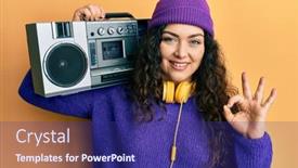 Presentation with curly hair - Beautiful PPT theme featuring young-brunette-woman-with-curly backdrop and a navy blue colored foreground