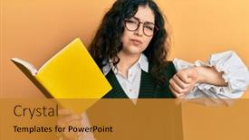  Presentation with book glasses - Colorful slide deck enhanced with young-brunette-woman-with-curly backdrop and a gold colored foreground