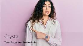  Presentation with forefinger - PPT theme featuring young-brunette-woman-with-curly background and a soft green colored foreground