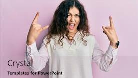  Presentation with rock star - Slides consisting of young-brunette-woman-with-curly background and a soft green colored foreground