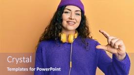  Presentation with curly hair - Slide set enhanced with young-brunette-woman-with-curly background and a navy blue colored foreground