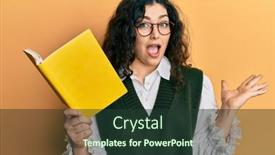  Presentation with book glasses - Presentation theme having young-brunette-woman-with-curly background and a tawny brown colored foreground