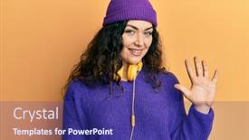  Presentation with music headphones - Presentation theme featuring young-brunette-woman-with-curly background and a violet colored foreground